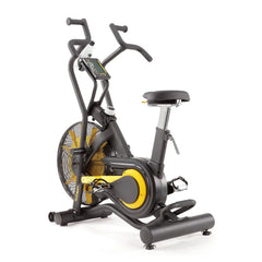 Rengade Air Bile om color black and yellow with a digital display screen, padded seat, and large flywheel fan, photographed on a clean white background.