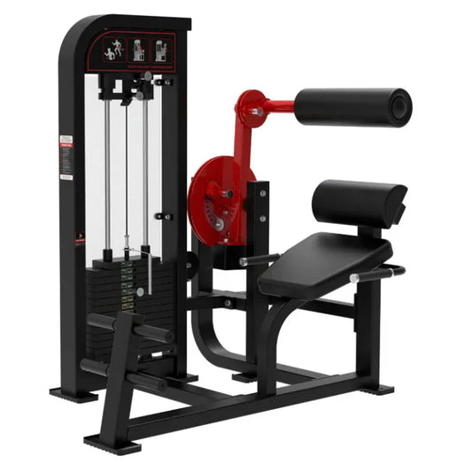 Ab and back combo machine shown with black frame with red highlights and black upholstery