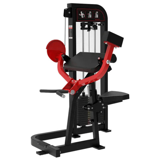 Seated biceps curl machine with black frame with red highlights