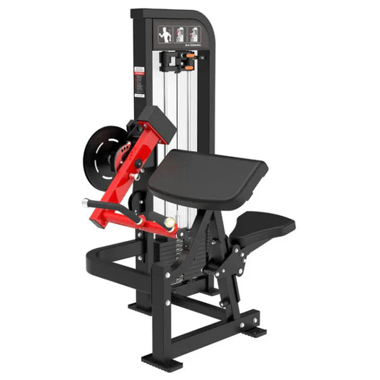 biceps and triceps combo machine shown with black frame with red highlights