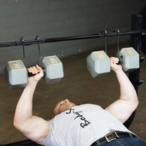 Dumbbell Spotters in use|Dumbbell Spotters|In use on rubber hex dumbbell