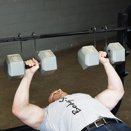 Dumbbell Spotters in use|Dumbbell Spotters|In use on rubber hex dumbbell
