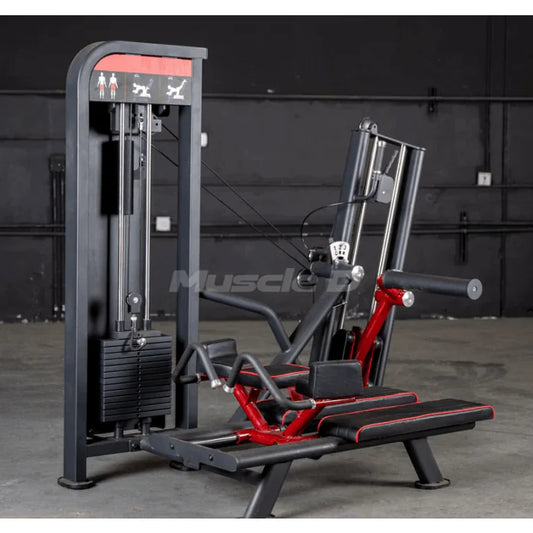 glute kick back machine in black frame with red highlilghts
