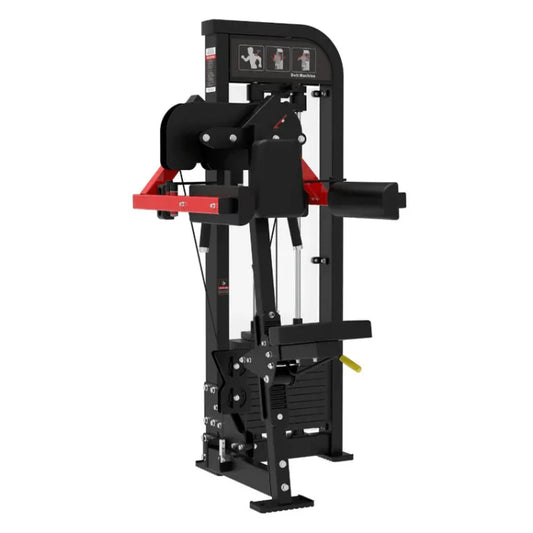Seated lateral raise machine shown with black frame with red highlights