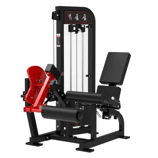 seated leg extension machine in black frame with red highlights