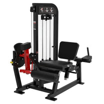 leg extension and prone leg curl in black frame with red highlights