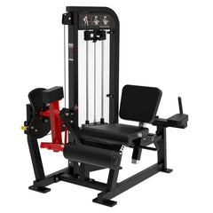 leg extension and prone leg curl in black frame with red highlights