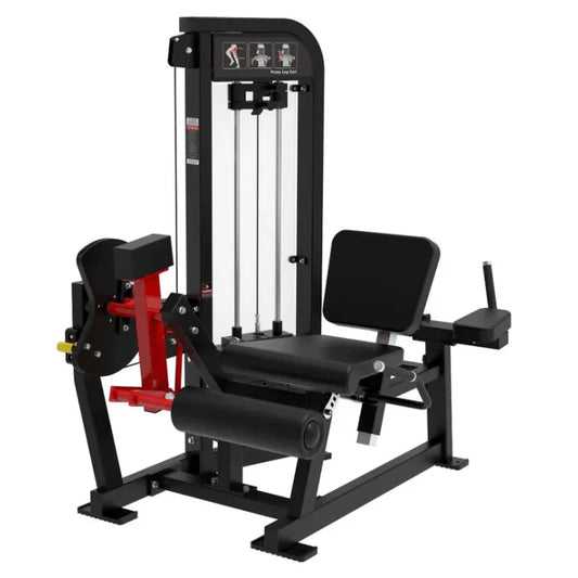 leg extension and prone leg curl in black frame with red highlights