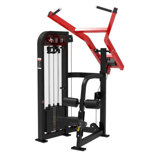 Seated selectorized lat pull machine