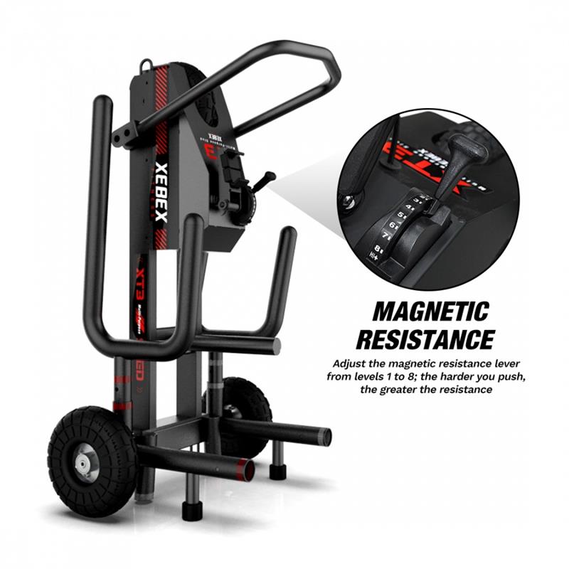 Sled Features|Multifunctional Exercises|Dimensions|Front View|Handle Bars|Included Accessories|Easy Transport|Magnetic Resistance Lever|Console