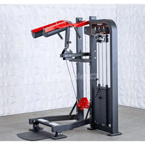 Standing calf raise machine shown with black frame with red highlights