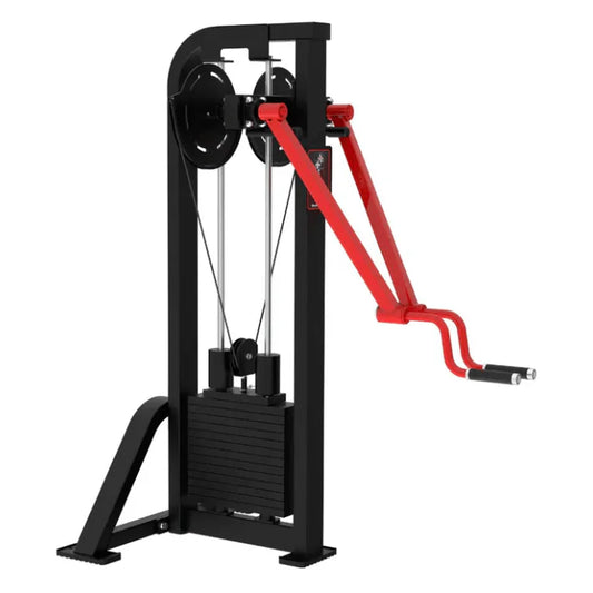 Standing lateral raise machine shown with black frame with red highlights
