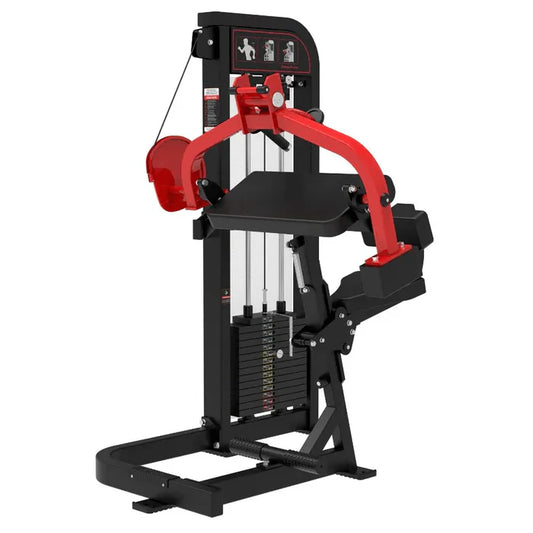 Seated triceps extension machine shown with black frame with red highlights