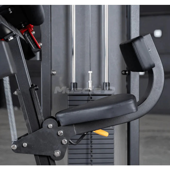 Close up of cushioned seat with back support and height adjustment lever