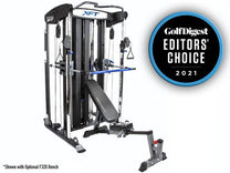 XFT Main|Side View|Front View|Pin Adjustment|Pull Up Bar|Working Space|Barbell Travel Path|Vertical Adjustments|With Optional Bench|Golf Digest Award